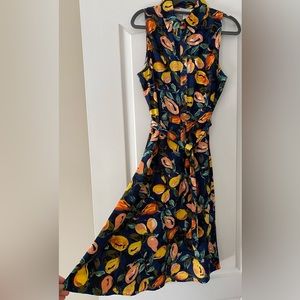London Times New sleeveless Papaya print dress with belt knee length  sz 8
